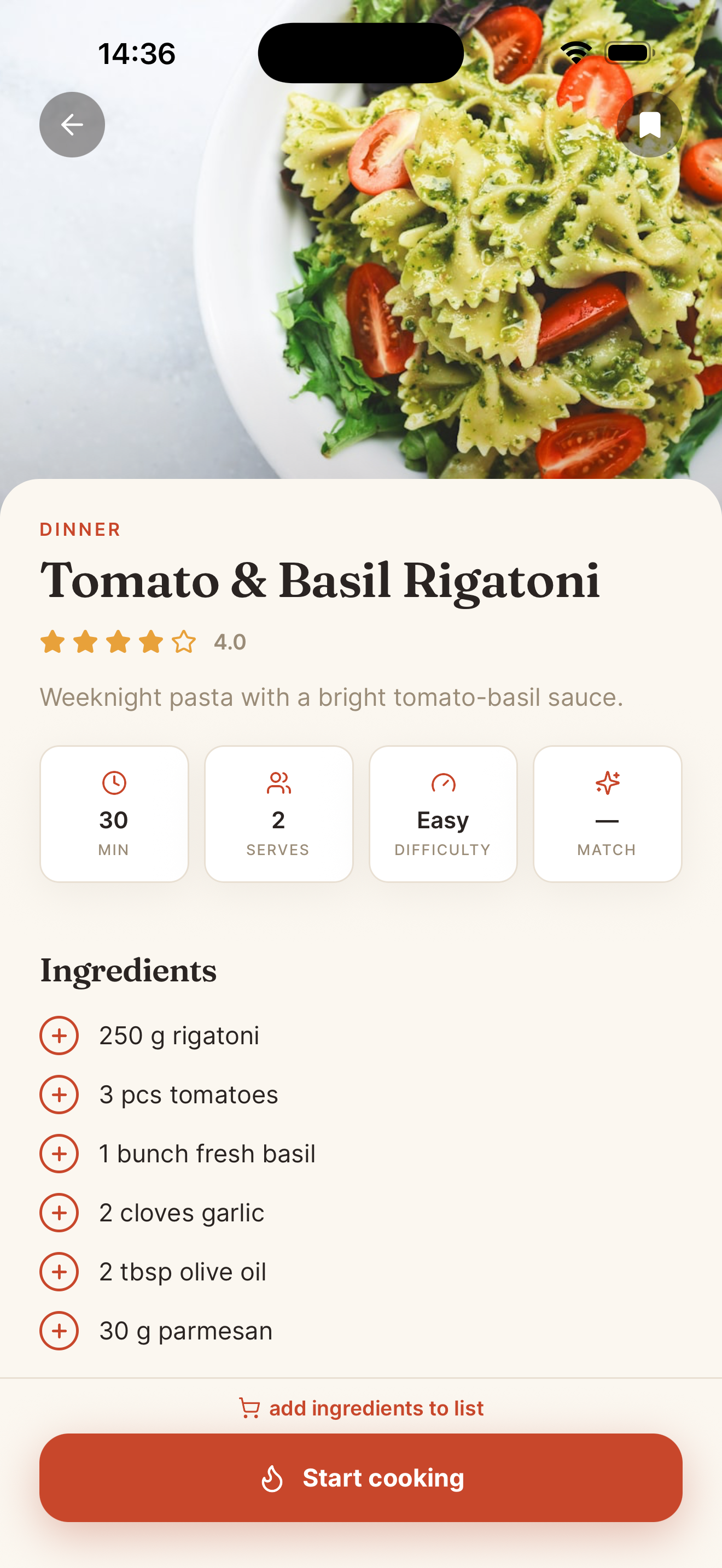 Stovd recipe — Tomato & Basil Rigatoni with full ingredients